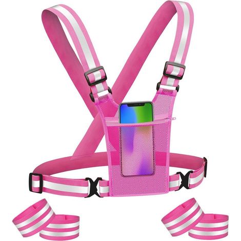 Gilet de sécurité réfléchissant rose avec poche téléphone, réglable (1/5)