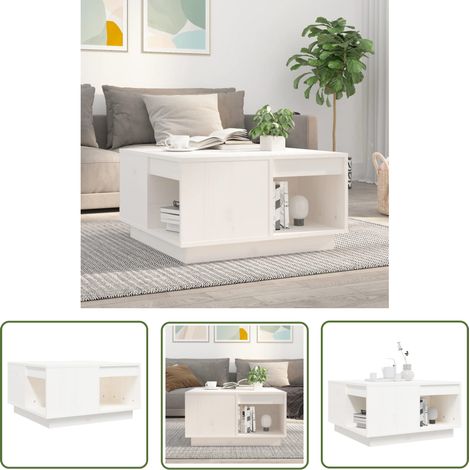 The Living Store Table basse Blanc 60x61x32,5 cm Bois massif de pin - Table Basse - Meuble Salon - Table D'appoint - Bout De Canapé - Bois Massif (1/5)