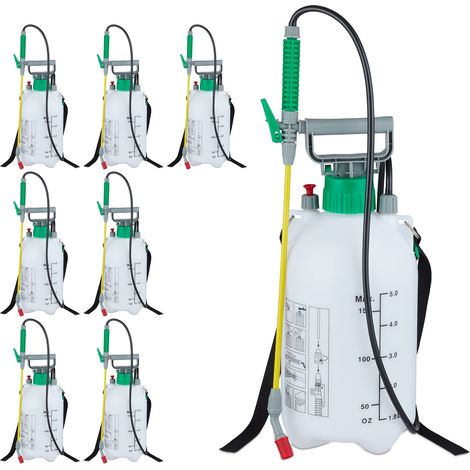 8 Fumigadoras Pulverizador 5 Litros, A presión, Rociador Jardín, Manguera y Lanza, 3 bar, 44cm, Plástico, Blanco