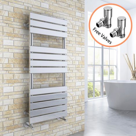 ELEGANT 1200 x 500 Chrome Flat Panel Heated Towel Rail Bathroom Radiator + Angled Radiator Valves (1/5)