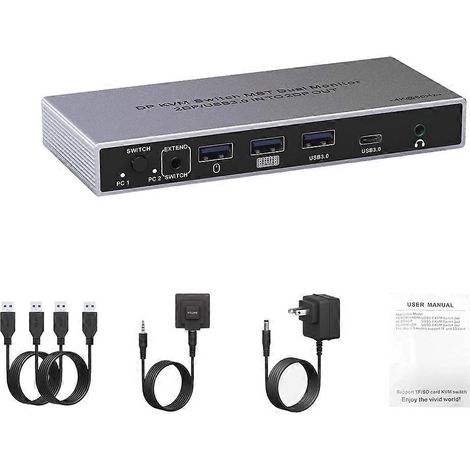 Commutateur KVM DP MST double écran 2 entrées DP/USB 3.0 vers 2 sorties HD 4K 60 Hz, partage de clavier, souris et imprimante entre 2 PC ou 2 ordinateurs portables, prise européenne. (1/5)