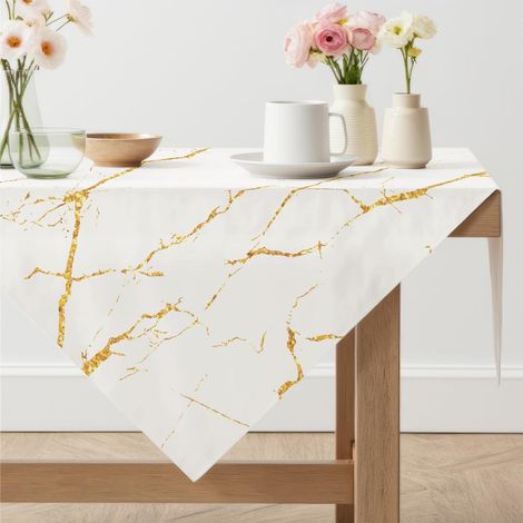 Nappe 100x100 cm Blanc Marbre Or Lavable Aspect Lin Carré
