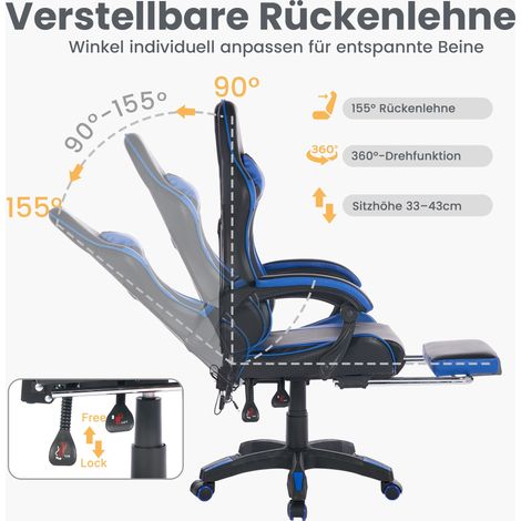 Chaise bureau gaming cuir haut dossier 360° pivotante,design ergonomique avec repose-pieds/appuie-tête/soutien lombaire noir bleu (1/5)