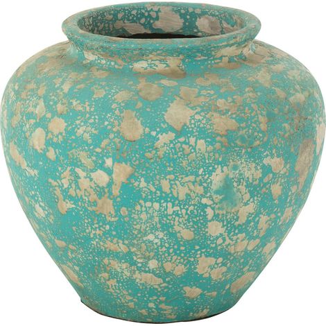 Cache pot rond bleu antique en poterie finition azur élégante - Bleu azur moucheté beige (1/3)