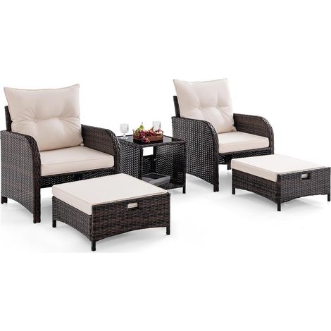 COSTWAY Conjunto Jardin Exterior de Ratán 5 Piezas, 2 Sillas, 2 Otomanas Y 1 Mesa de Centro Vidrio Templado, Cojines Suaves, Conjunto Mesa y Sillas Jardin, Muebles Terraza Balcon Exterior (1/5)