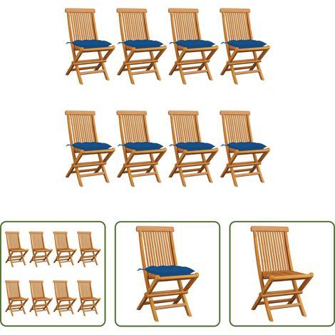 Teakholz - Gartenstühle mit Blauen Kissen 8 Stk. Massivholz Teak