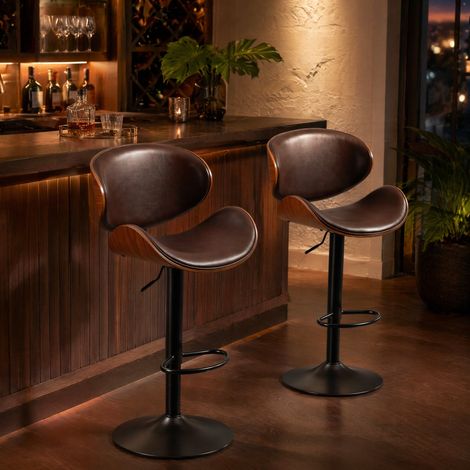 Lot de 2 tabourets de bar pivotants et réglables en hauteur, PU marron, DESVIAE (1/5)