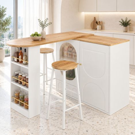 Set de bar de cocina con mesa isla, almacenaje y 2 taburetes, blanco DESVIAE (1/5)
