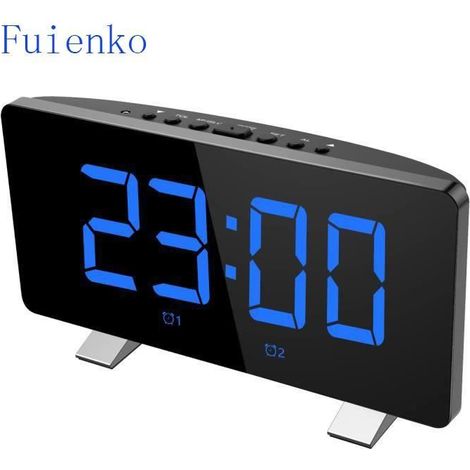 Réveil numérique - Bleu - Double réveil - Noir - Écran LED 7,3 pouces - Port de charge USB (1/4)