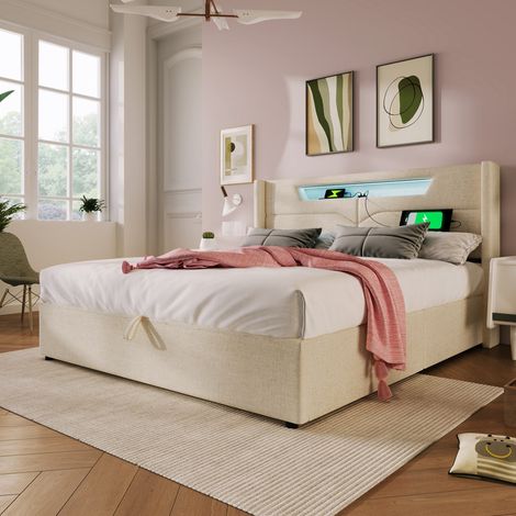 Lit coffre 160x200 cm tissu lin LED USB-c sommier sans matelas (1/5)