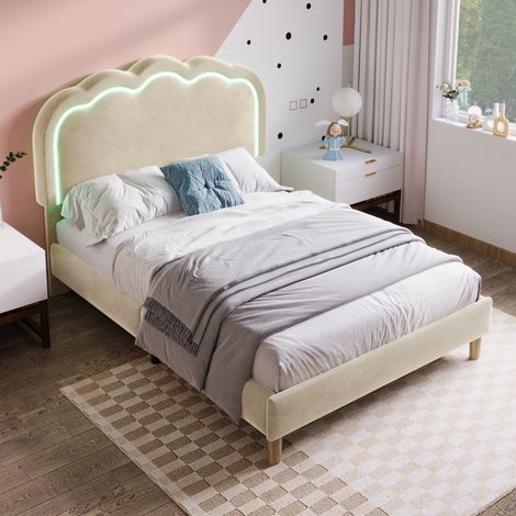 3ft Single Upholstered Bed with LED Headboard, 90x190cm Velet Bed Frame with Adjustable Headboard & Wooden Slats, Teen Bed for Bedroom and Guest Room, Beige