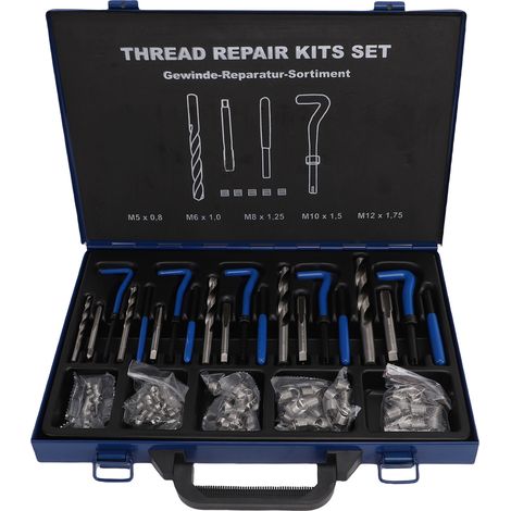 Kit de réparation de filetage Helicoil métrique 131 pièces : forets, inserts filetés, tarauds et outils pour réparations automobiles (tailles M5, M6, M8, M10 et M12). (1/5)