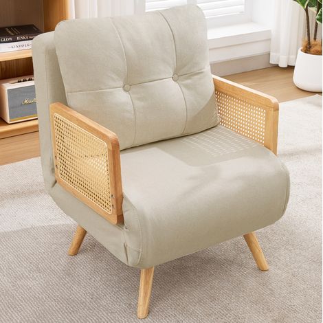 Fauteuil convertible 3 en 1 avec dossier inclinable 5 positions, accoudoirs en rotin, lin beige (1/5)