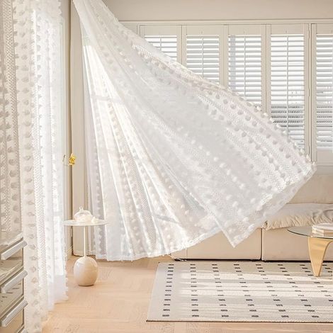 L132 x H160 cm Rideaux Voilage Blanc de Style Bohème, Lot de 2 Touffetés à Pompons Brodé Design pour Salon Chambre d'enfant (1/5)