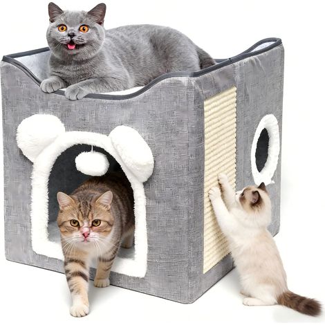 Lits d'intérieur Pliables pour Chat, Maison pour Chat Intérieur, 40×40×40 cm, Maison pour Chat avec condo Confortable, Boule Suspendue, fenêtre Ronde, 2 Niveaux avec Coussins Doux (Gery) (1/5)