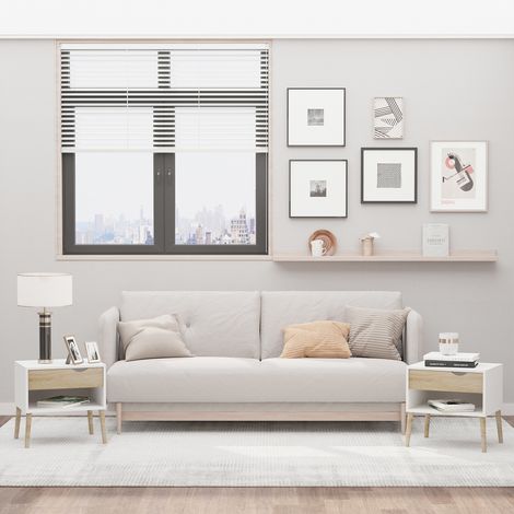 HOMCOM 2er-Set Nachttische, Beistelltische mit Schublade und Ablagefach für Schlafzimmer, Wohnzimmer, Büro, neben dem Bett, moderner Stil, 50 x 39 x 51 cm, Weiß und Eiche