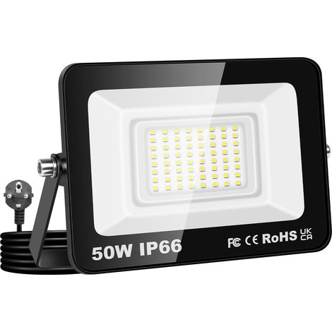 50W Projecteur Exterieur led, 5000LM Spot LED Extérieur avec Prise, 6000K Blanc Froid Eclairage Exterieur IP66 Imperméable lumière de Sécurité pour Jardin, Patio, Cour, Garage, Entrée