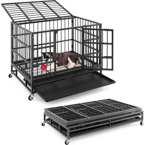 COSTWAY Jaula para Perros Plegable, Jaula para Mascotas de Metal con 2 Puertas, 4 Ruedas Giratorias, Bandeja Extraíble, Caja para Perros Portátil para Interiores y Exteriores (96 x 65 x 77 cm)