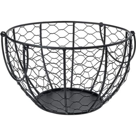 Noir Treillis Métallique Fil Oeuf Panier de Rangement avec Blanc En Céramique Ferme Poulet Top 2 Côté Poignées Panier d\'oeufs