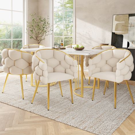 Set da pranzo con tavolo e 6 sedie in MDF, metallo e velluto beige/bianco/oro, tavolo 140x80 cm (1/5)