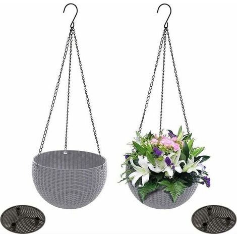 ZVD 2 Pièces (Gris) Pots de Fleurs Suspendus en Rotin, Jardin Paniers Suspendus, Jardinière Suspendu, Pot Suspendu Fleurs en Plastique, pour La Plantation Intérieure et Extérieure (1/4)