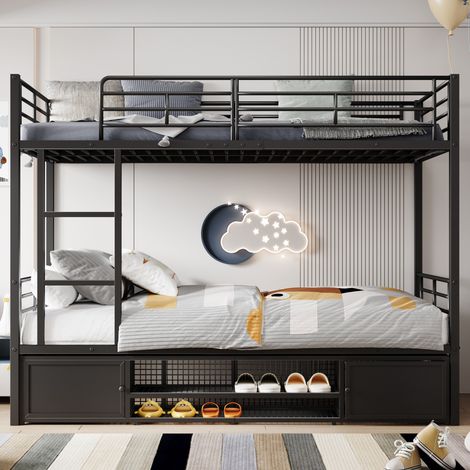 DESVIAE Lit superposé en métal avec étagère à chaussures et rangements noir 90 x 200 cm (1/5)