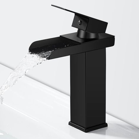 Schwarzer Badezimmer-Wasserhahn im Wasserfall-Stil, Waschbeckenarmatur mit Wasserfalleffekt, Edelstahl, Warm- und Kaltwasser. (1/4)