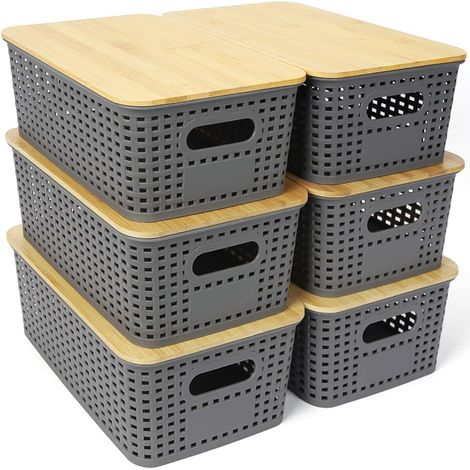 Set mit 6 stapelbaren Aufbewahrungsboxen mit Bambusdeckeln – Kunststoff – Grau – 25,6 x 18 x 10,7 cm