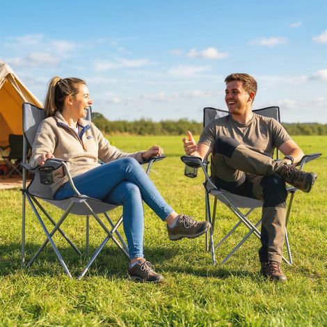Ensemble de 2 chaises de camping à dossier haut en métal et tissu Oxford, grises (1/5)