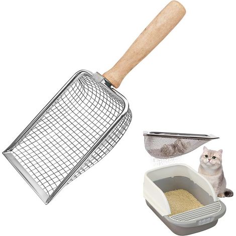 Pelle à Litière pour Chat en Métal Tamis à Litière en Maille d'Acier Inoxydable avec Manche en Bois pour Nettoyage des Déchets d'Animaux