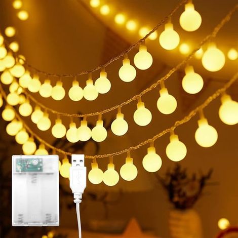 Guirlande lumineuse à boules, 10 m, 80 LED, blanc chaud, fonctionne sur piles ou USB, idéale pour Noël, les mariages et les fêtes. (1/5)