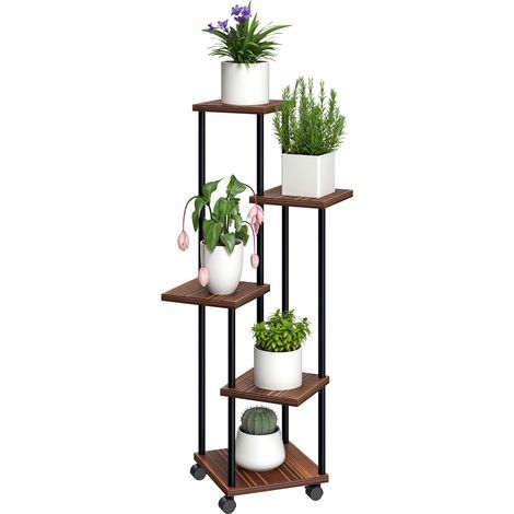 Soporte para flores de 5 niveles, soporte para plantas de 5 escalones, diseño escalonado, fácil de mover, madera y acero (1/5)