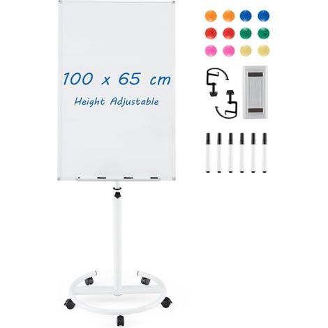 COSTWAY Pizarra Móvil 100x65 cm, Pizarra Blanca Magnética Ajustable Altura y Ruedas, Pizarra Blanca con Clips de Papel y Bandeja, Bloc de Notas de 25 Hojas, Imanes, Marcadores y Borrador (blanco)
