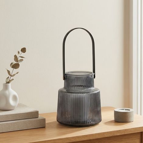 Contemporary Grey Ribbed Glass Lantern (1/2)