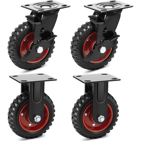Roulettes Industrielles Charge Lourde 150mm - Set de 4 Roulettes Pivotantes Freinées et Fixes, Roues en Caoutchouc Plein Antidérapant 800kg pour Chariot Industriel Lourd et Machine (1/5)