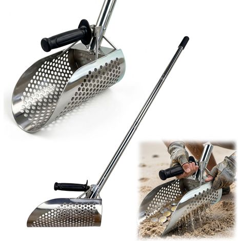 Relaxdays Metal Detector Shovel, Stainless Steel, Long Handle, Beach Sieve for Treasure Hunting, Silver