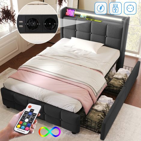 Letto imbottito con funzione di ricarica USB, testiera, illuminazione a LED e 2 cassetti letto singolo 90x200 cm struttura letto con contenitore rete a doghe in legno colore grigio (materasso non incl