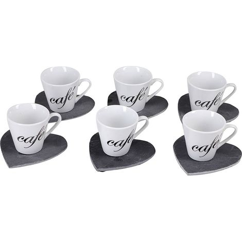 Servizio da Caffè di Design con 6 Tazzine Bianche in Ceramica da 6cl Scritta Cafe e 6 Piattini in Ardesia Naturale a Forma di Cuore Set Regalo Moderno per Espresso (1/5)