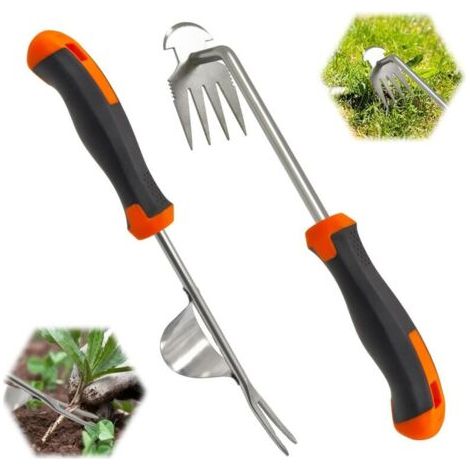 Désherbeur Manuel en Acier Inoxydable 2 Pièces Arrache Mauvaise Herbe Outil de Désherbage Manuel avec Poignée en Caoutchouc Outils Jardinage pour Creuser Désherber Ameublir