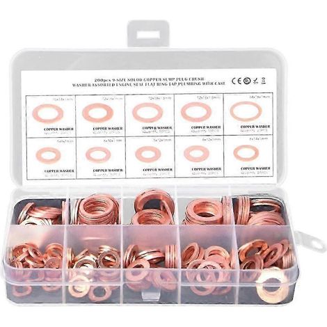 Kit d'assortiment de 200 rondelles toriques en cuivre métriques, rondelles plates d'étanchéité, 9 tailles : M5, M6, M8, M10, M12, M14. (1/5)