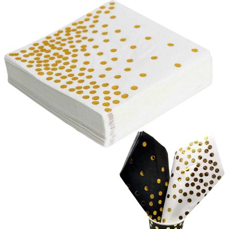 Serviettes En Papier - 50 Pièces - Blanc Et Or - Motif Pois - 33x33 Cm - Cocktail Et Dîner (1/5)