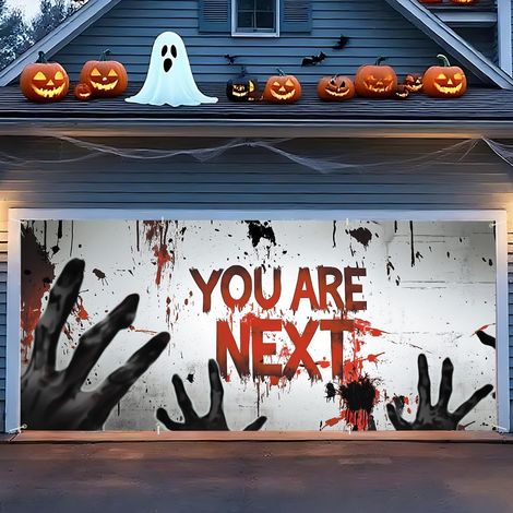 Bannière de porte de garage d'Halloween 1,8 x 3,9 m – Chemin hanté avec lanternes, lune et chauves-souris
