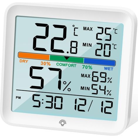 Higrómetro Termómetro Digital para Interiores Medidor de Humedad Monitor de Temperatura Preciso con Calibración Registros MÁX/MÍN, Reloj LCD Retroiluminado, Icono de Confort (1/5)