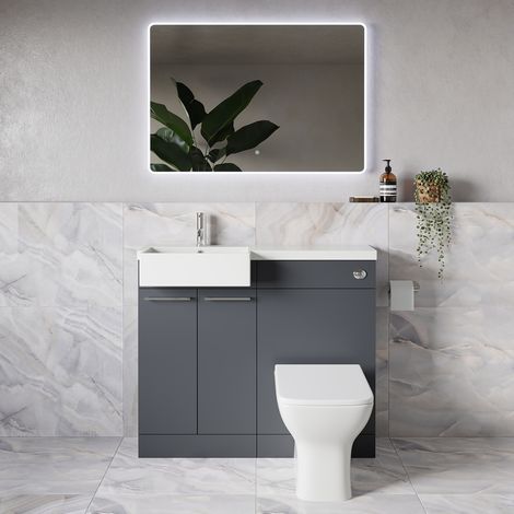 Napoli 250 Gloss Grey 1000mm 2 Door Vanity Unit Toilet Suite with Left Hand Square Rico Semi Recessed Basin - 1000mm - Chrome 160mm HandleWith Kingston Toilet Pan and Seat