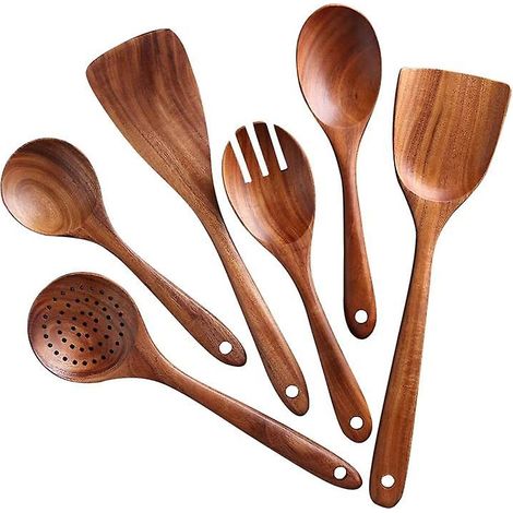 6pcs Teck Cuillère en bois massif Spatule Cuisine Cuisine En bois Pelle Vaisselle Ensembles d'outils de cuisson (1/3)