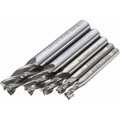 5 pcs 4/6/8/10/12 mm 4 Flte tige droite End Mill Cutter en acier rapide HSS Forets (1/5)