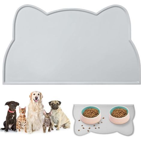 graue Futternapfmatte für Hunde und Katzen, 45 x 26 cm, rutschfeste Matte in Form eines niedlichen Katzenkopfes, wasserdichte Silikon-Futtermatte (1/5)