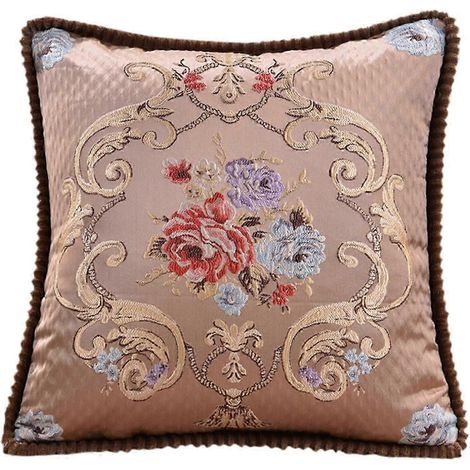Housse de coussin brodée, housse de coussin carrée décorative, housse de coussin florale de luxe, taie d'oreiller décorative-Coffee (1/5)