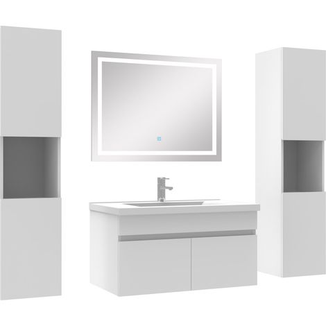 Ensemble meubles Salle de Bain 80cm vasque + colonnex2 + miroir lumineux Blanc