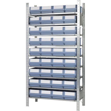EUROKRAFT Rayonnage emboîtable avec bacs - 36 bacs, 9 tablettes, profondeur 436 mm - rayonnage de base (1/4)